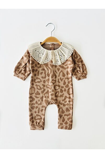 COLORED BABY Baby Girl Leopard Patterned Brown Jumpsuit with Scallop Collar