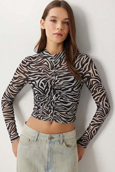 happinessistanbul Patterned Gathered Transparent Tulle Blouse