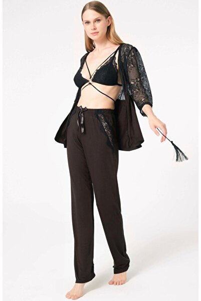 İpek Women's Lace Robe Without Underwire Support, Collar Detailed Bra and Pan...