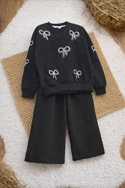 KAYAKİDS Girl's Black Bow Ribbon Detailed Holiday Set, Big Size, Wide Leg Pan...
