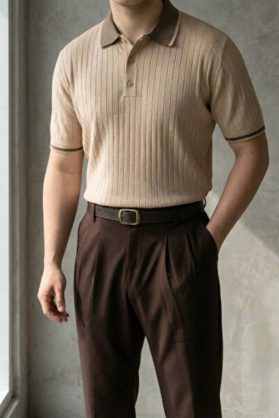 MENOFOURSWEAR Ανδρικό πλεκτό μπλουζάκι με κοντό μανίκι και λαιμόκοψη πόλο, στ...