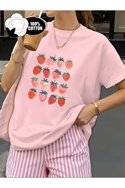 oneagılyazı Strawberry Patterned Casual Round Neck Short Sleeve