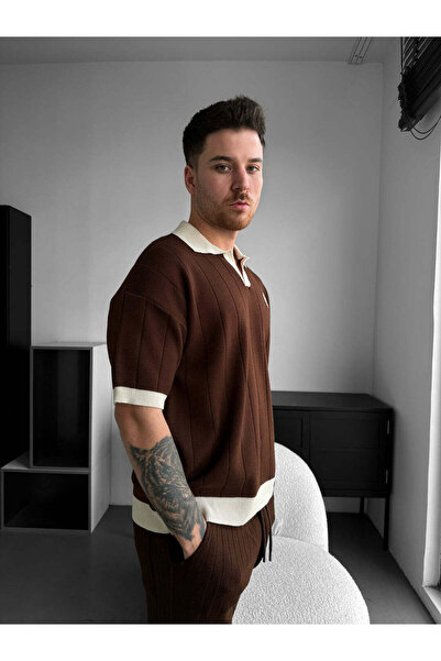 elkumoda Erkek Oversize Çizgili Triko Polo Yaka Tişört Old Money Stil Örme Po...