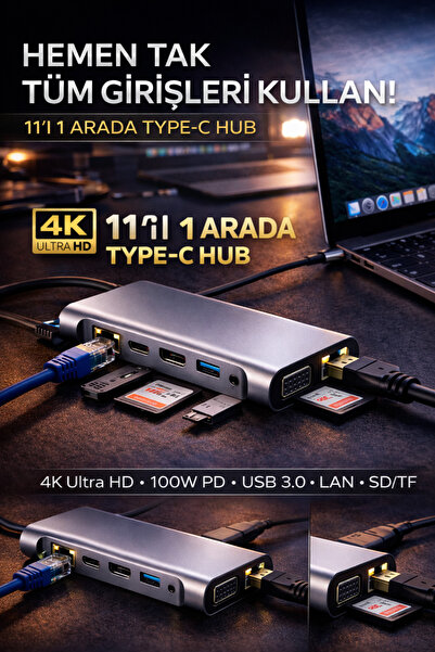 TOYFEST 11in1 Type-C Hub USB 3.0 HDMI 4K Vga Lan Sd/Tf 100W Pd Multiplexer Ad...
