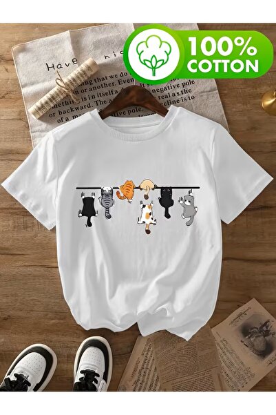 oneagılyazı 100% Cotton Cat Print Summer T-Shirt for Women, Spring/Summer Cas...