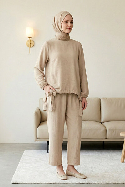 FERHEL Women's Drawstring Shalwar Trousers Ayrobin Loose Fit Set - Beige