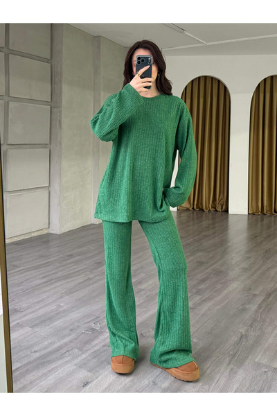 Coral Ribbed Striped Knitted Set 36389 Dark Green