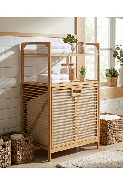 Robin Home Bambu Kirli Sepetli 2 Raflı Çok Amaçlı Banyo Düzenleyici Çamaşır S...