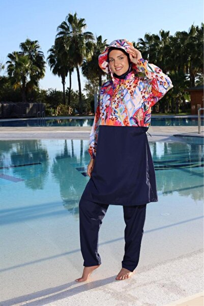 Estiva Digital Print Cropped Woven Closed Hijab Swimsuit with Hat