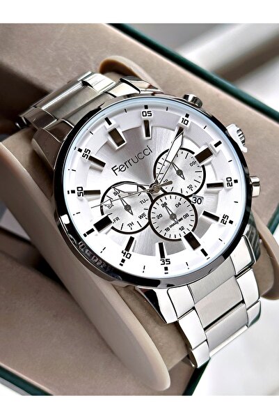 Ferrucci ساعة يد رجالية مع تقويم، سوار فولاذي، مقاومة للماء حتى 3 ATM