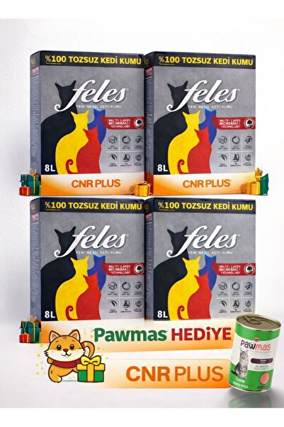 FELES Tozsuz Kedi Kumu 4 Adet Kutu (TAMAMEN DOĞAL , AKTİF KARBONLU) 4 x 8 L