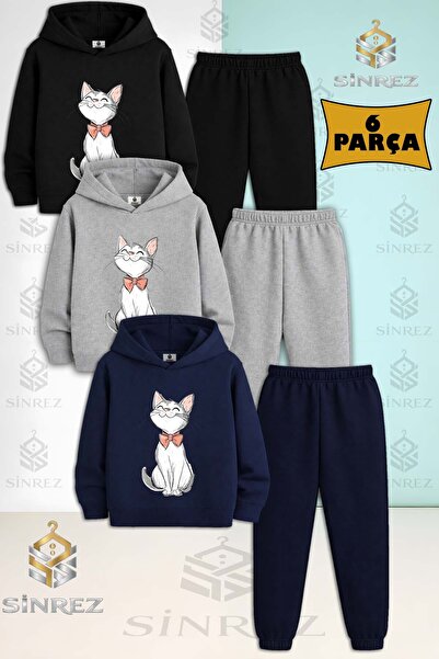 SİNREZ Set de trening cu glugă pentru copii, unisex, CAT BLACK KLM PINK, 3 piese