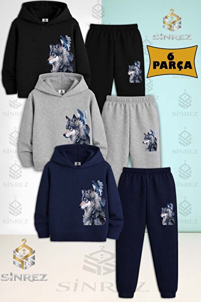 SİNREZ Set de trening cu glugă pentru copii, unisex, KURT GRI YANDA, 3 piese