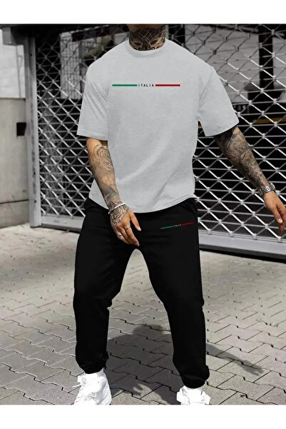 puolikuu Men's Oversize Tracksuit Set - Small Size Printed T-Shirt - Tracksuit