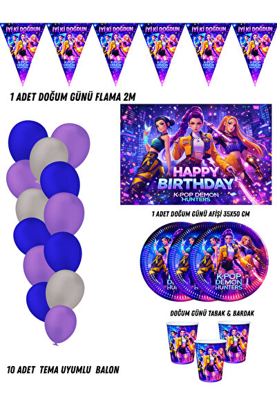 HAPPYLOOPPARTY Kpop K-Pop Demon Hunters Temalı 8 Kişilik Doğum Günü Parti Mal...