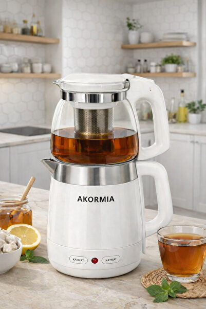 Akormia 1,5 Lt Borosilikat Cam Demlik Çelik Süzgeçli Isıya Dayanıklı Bitki Ça...