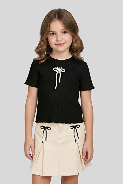 ww waka waka kids store Дівчача футболка з бантиком і перлинками, чорна, з шн...