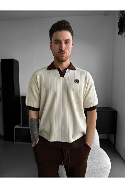 elkumoda Men's Oversize Striped Knitwear Polo Neck T-Shirt Old Money Style Kn...