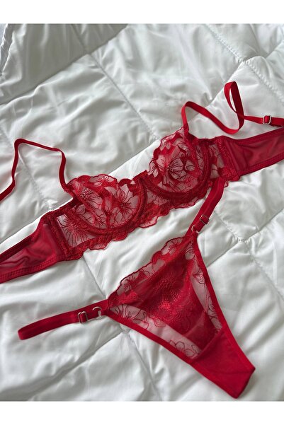 İNKO İÇ GİYİM Red Floral Patterned Tulle Detailed Bra & Thong Set (Lingerie Set)