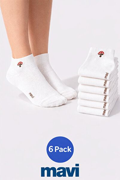 Mavi Mantar Nakış İşlemeli ( 6 Çift ) Beyaz Soket Çorap