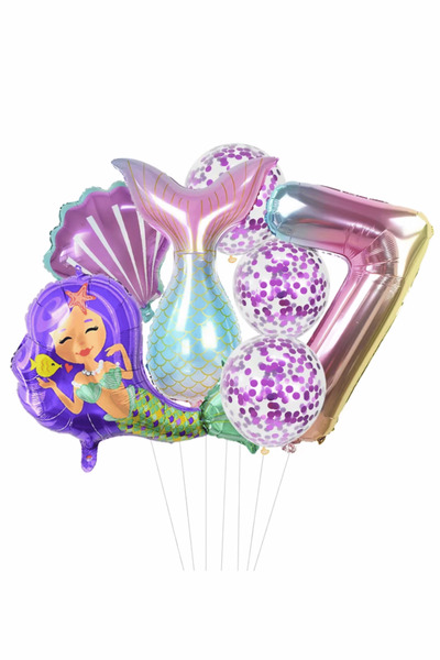 Bunloon Purple Color 7 Year Old Mermaid Themed 6 Piece Balloon Set