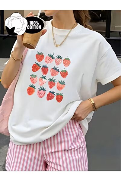 oneagılyazı Strawberry Patterned Casual Round Neck Short Sleeve