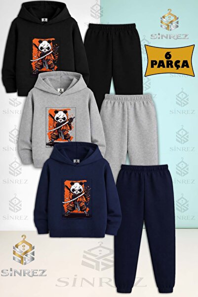 SİNREZ Set de trening cu glugă pentru copii, unisex, PANDA NINJA, 3 piese