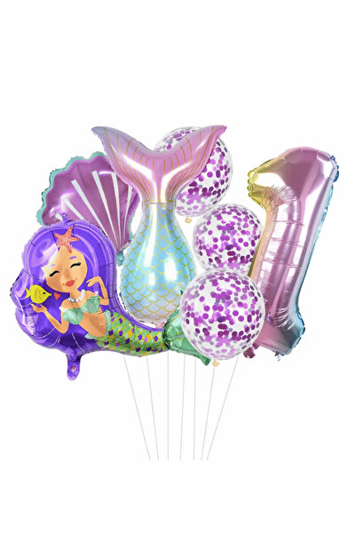 Bunloon Purple Color 1 Year Old Mermaid Themed 6 Piece Balloon Set
