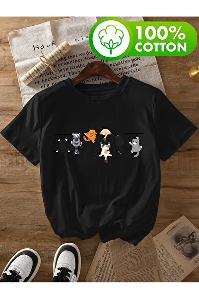 oneagılyazı 100% Cotton Cat Print Summer T-Shirt for Women, Spring/Summer Cas...