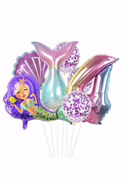 Bunloon Purple Color 4 Year Old Mermaid Themed 6 Piece Balloon Set