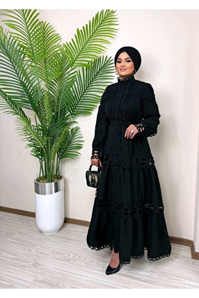 Moda Nurhan Siyah İthal Fransız Dantel Elbise