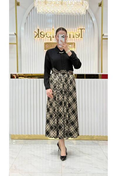 KLAPA Plaid Satin Elastic Long Skirt
