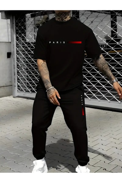 puolikuu Men's Oversize Tracksuit Set - Paris Printed T-Shirt - Tracksuit