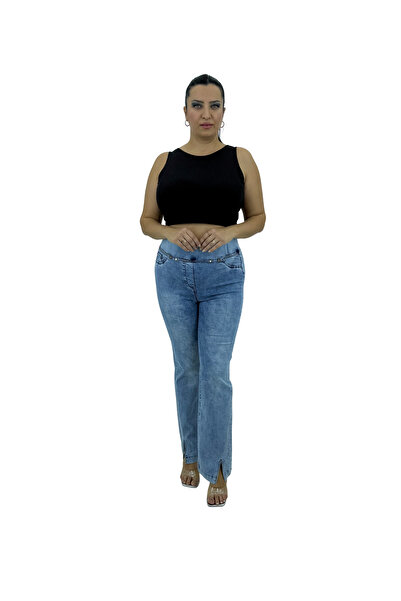 Trieste Plus Size Denim Stone Embellished Women's Pants with Slit Detail on t...