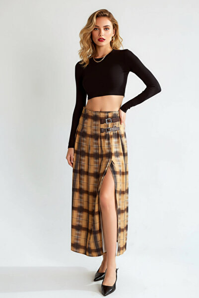 BIGNUANCE Milano Slit Plaid Midi Skirt