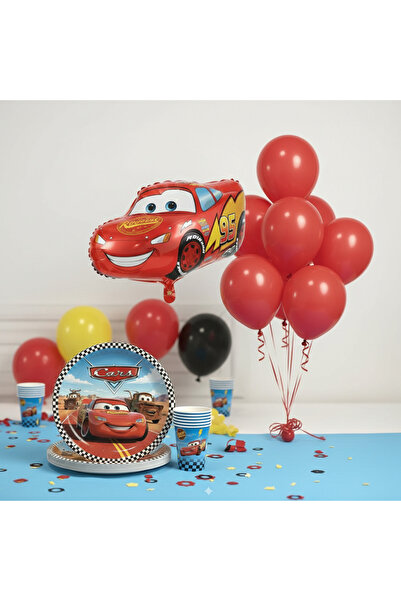 Umamiçe Cars Party Set – 10 Red Balloons + 8 Plates and Cups + Foil Balloon(B)