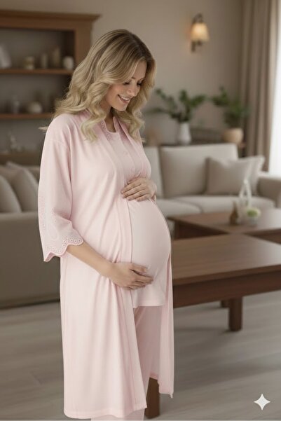 Pelin Women's Linen Scalloped Dressing Gown Maternity Pajama Set