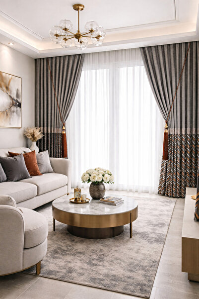 Fluiana Antrasit Pano Fon Perde Desenli Blackout Sık Pile TEK KANAT