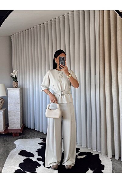 ALVOR Women's Belt Detailed Double Set - Double Sleeve Loose Blouse and Palaz...