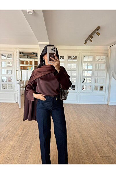 ALVOR Women's Satin Blouse with Shawl Detail - Asymmetrical Design Blouse for...