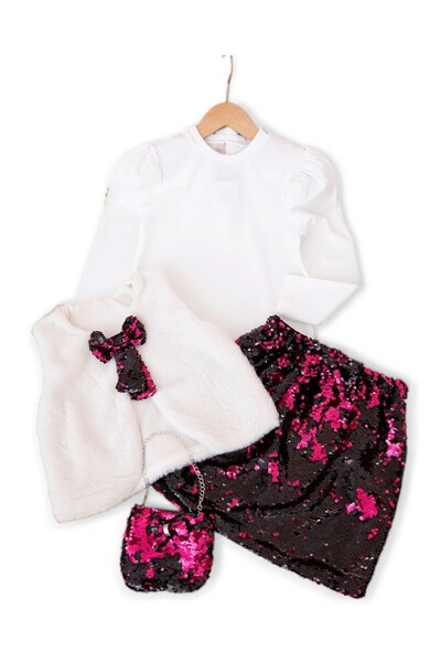 Egelite Vestă de pluș pentru fete, fustă cu paiete, geantă, combinație elegan...