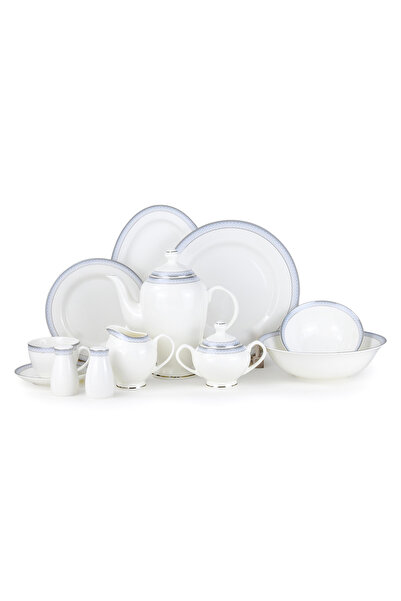 SHALLOW ZIYA 47Pc Bone China Dinnerware Set, White with Light Blue Rim|Perfec...