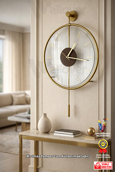 Wallover Design Messina Luxry Orta Boy Kırılmaz Camlı Sessiz Metal Duvar Saat...
