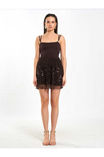 Coral Elastic Waist Sequin Skirt 041183 Brown