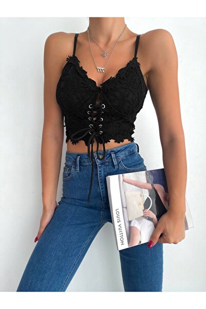 cemo Kadın Dantel Detaylı Bağcıklı Askılı Crop Bluz