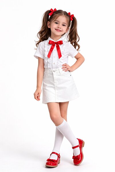 Nacar Kız Çocuk Kırmızı Fiyonklu Beyaz Fırfırlı Gömlek Kırmızı Keten Etek 23 ...