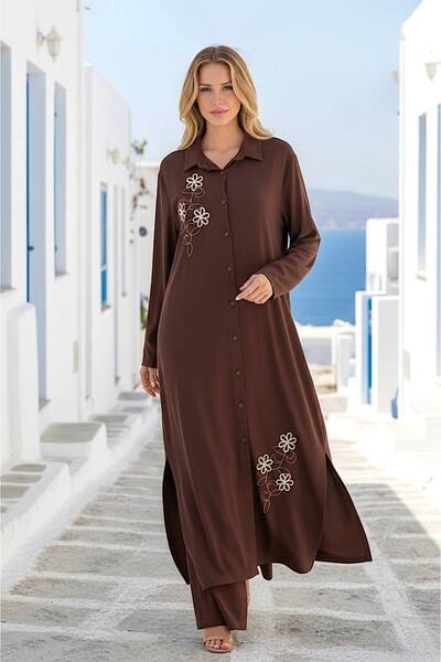 AYASOFYA OTANTIK Women's Brown Ethnic Embroidery Detailed Long Shirt Dress an...