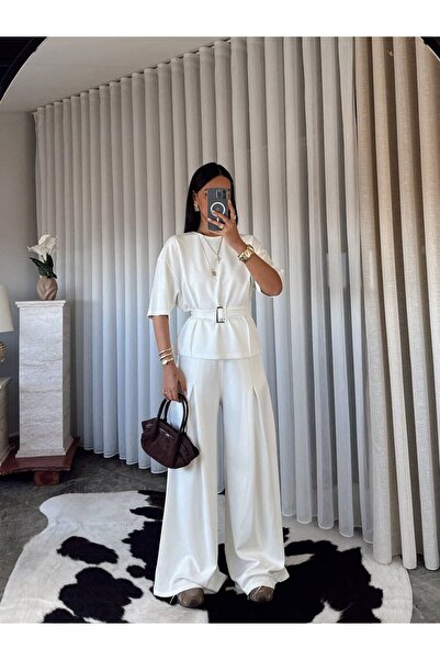 ALVOR Women's Belt Detailed Double Set - Double Sleeve Loose Blouse and Palaz...