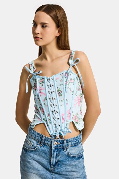 it's basic Women's Blue W5 Underwire Crop Floral Patterned Lace Detailed Spec...