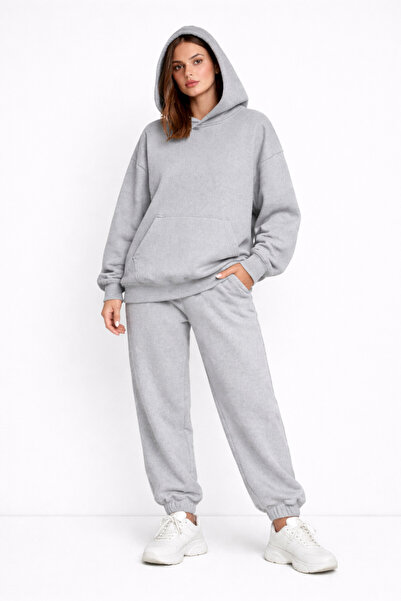 NAKRUF Oversize Women's Gray Tracksuit Set Winter Cotton Lined Hooded Sports Set